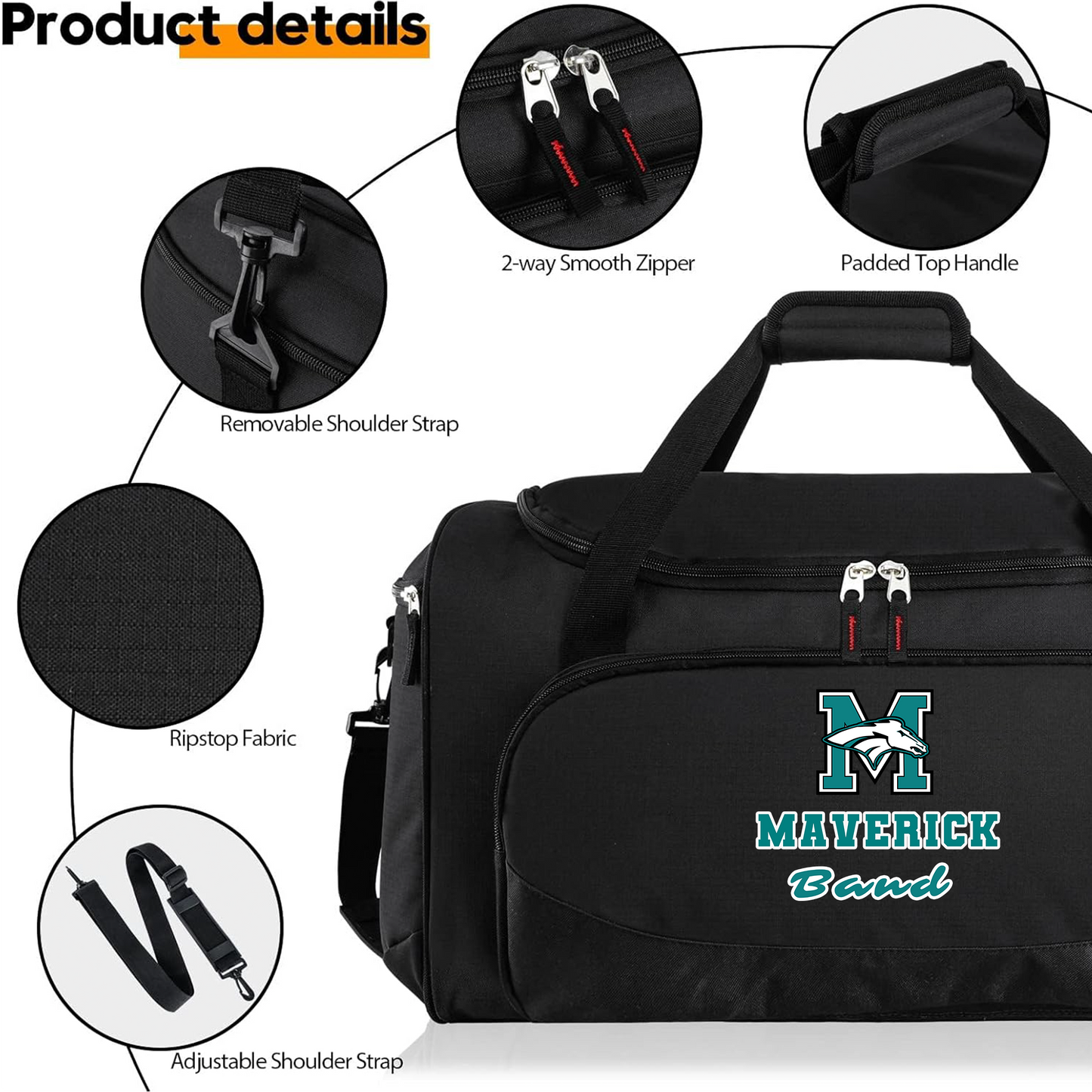Large black duffle bag customized with Pasadena Memorial Mavericks marching band embroidery