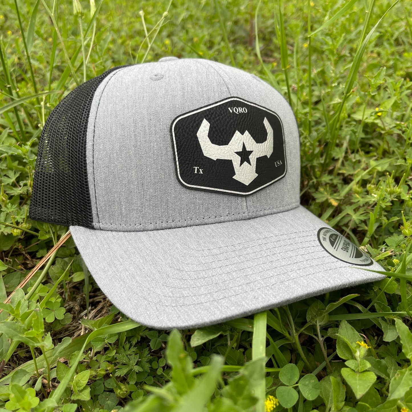 Heather Grey Custom Leather Patch Retro Trucker Cap Affordable Custom Apparel Yupoong Richardson112