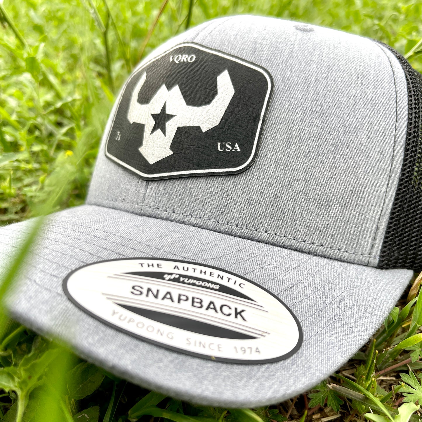 Heather Grey Custom Leather Patch Retro Trucker Cap Affordable Custom Apparel Yupoong Richardson112 Flexfit