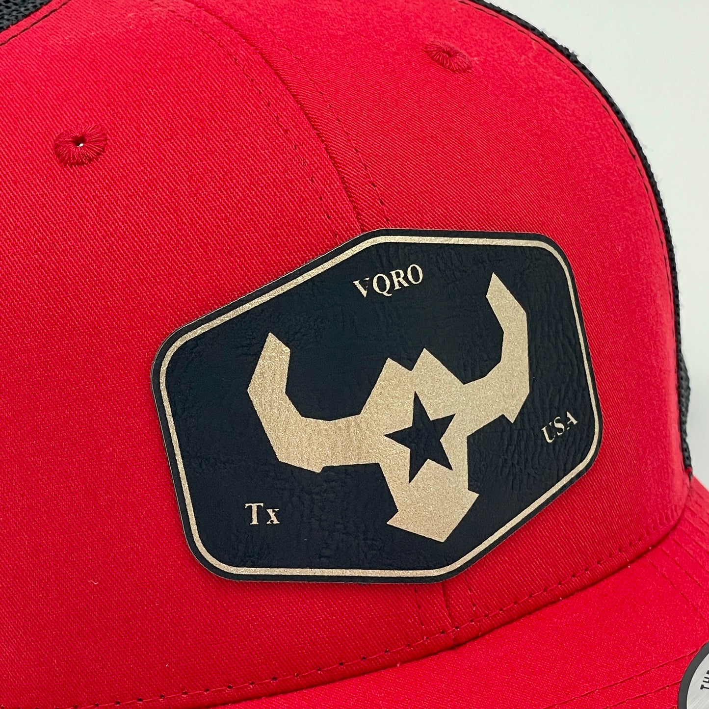 Red and Black Affordable Custom Leather Patch Hat Trucker Mesh Cap Yupoong Richardson