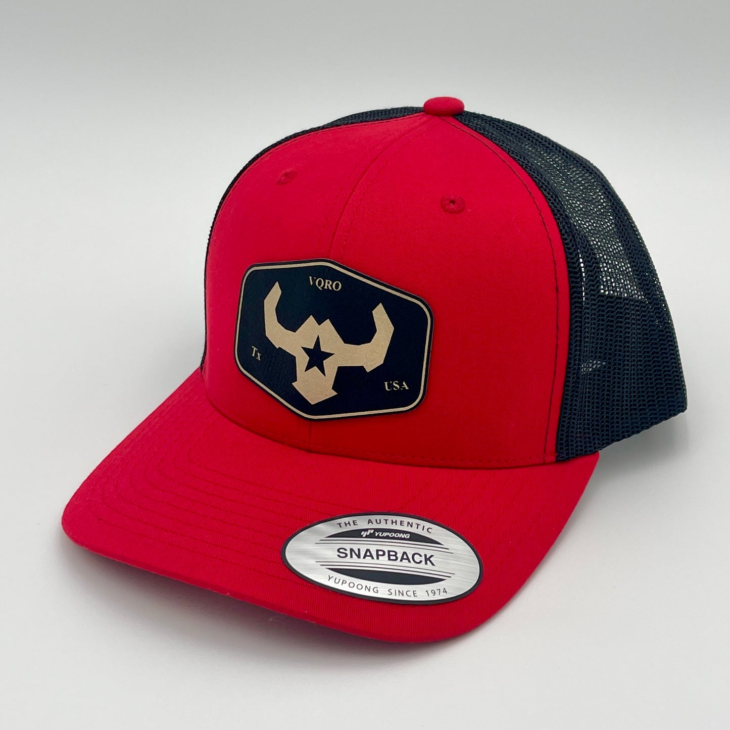 Red and Black Affordable Custom Leather Patch Hat Trucker Mesh Cap Yupoong Richardson112 Embroidery