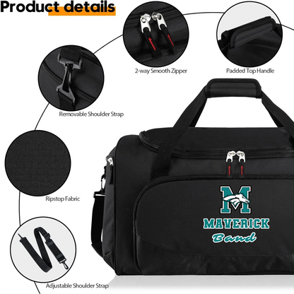 Large black duffle bag customized with Pasadena Memorial Mavericks marching band embroidery