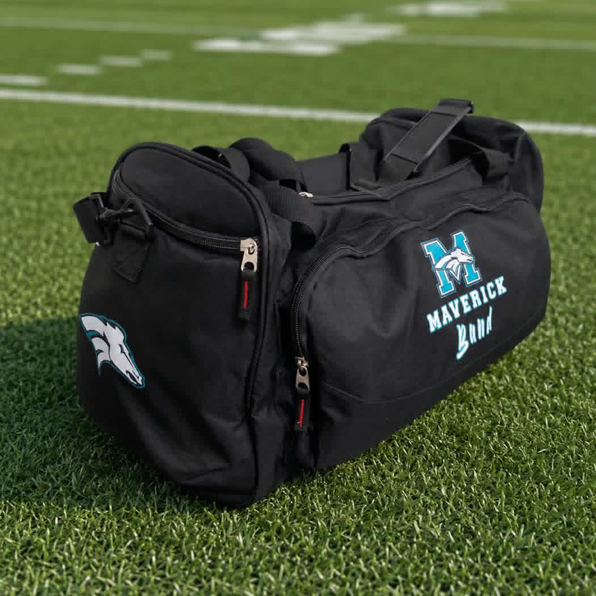 Personalized marching band gear bag for Pasadena Memorial Mavericks students with custom name embroidery
