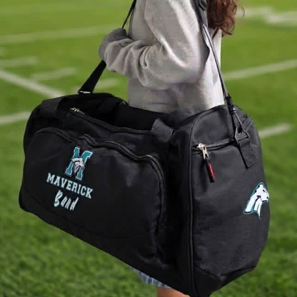 Custom embroidered Pasadena Memorial Mavericks marching band duffle bag for band members