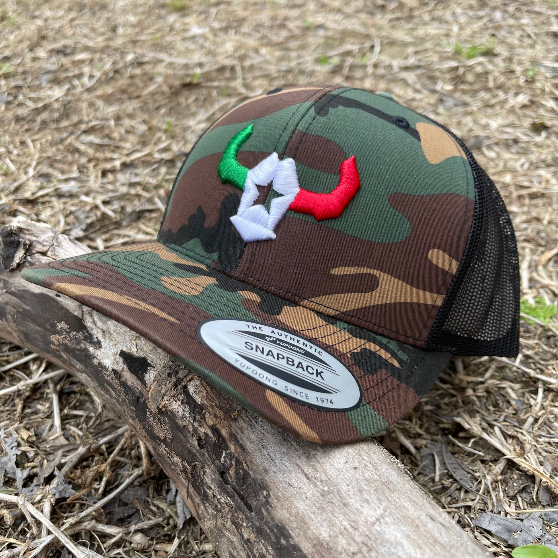 Affordable Custom Apparel Green Camo 3D Tri-Color Bull Retro Trucker Mesh Cap