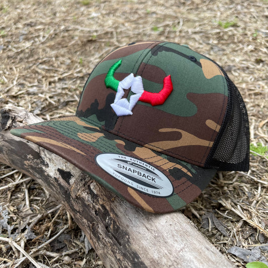 Affordable Custom Apparel Green Camo 3D Tri-Color Bull Retro Trucker Mesh Cap