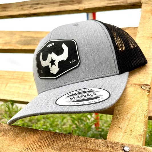 Heather Grey Custom Leather Patch Retro Trucker Cap Affordable Custom Apparel Yupoong Richardson112 Flexfit Hats